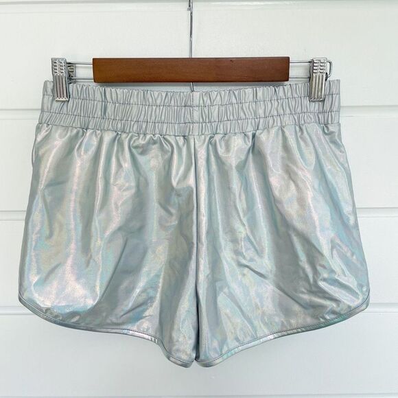 Women's Metallic Silver Elastic Waist Activewear Running Shorts Size Medium - Picture 4 of 5